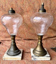 Matched Pair of Two 2 Set Antique Cut Glass Oil Light Lamp Lamps Marble ... - $146.25