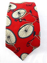 Lands End Mens 100% Silk Tie hand sewn in USA  Bicycles on Red Background - £22.77 GBP