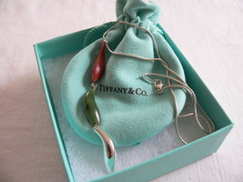 Tiffany &amp; Co Gehry Fish Necklace Silver Jade Wood Triple Dangle Pendant Gift Art - £475.35 GBP