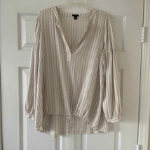 L Ann Taylor Cream and Black Stripe V-Neck Blouse with Cinched Hem - £18.49 GBP