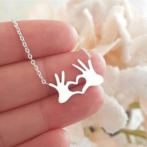 Silver Heart Hands Sign 18&quot; Necklace Love Gesture Damar&#39;s Pose - £8.72 GBP
