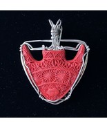 Carved Red Faux Cinnabar &amp; Handmade Silver Wire Wrapped Pendant 1.5” - £23.55 GBP