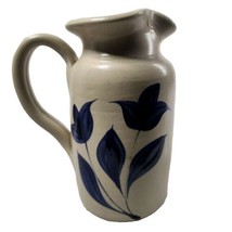Williamsburg USA Pottery Hand Carved Salt Glazed Pitcher Cobalt Blue Tulip 6&quot; - £12.91 GBP