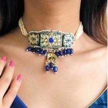 VeroniQ Trends-Handcrafted Blue Meenakari Kundan Choker Necklace with Quartz Bea - £86.91 GBP