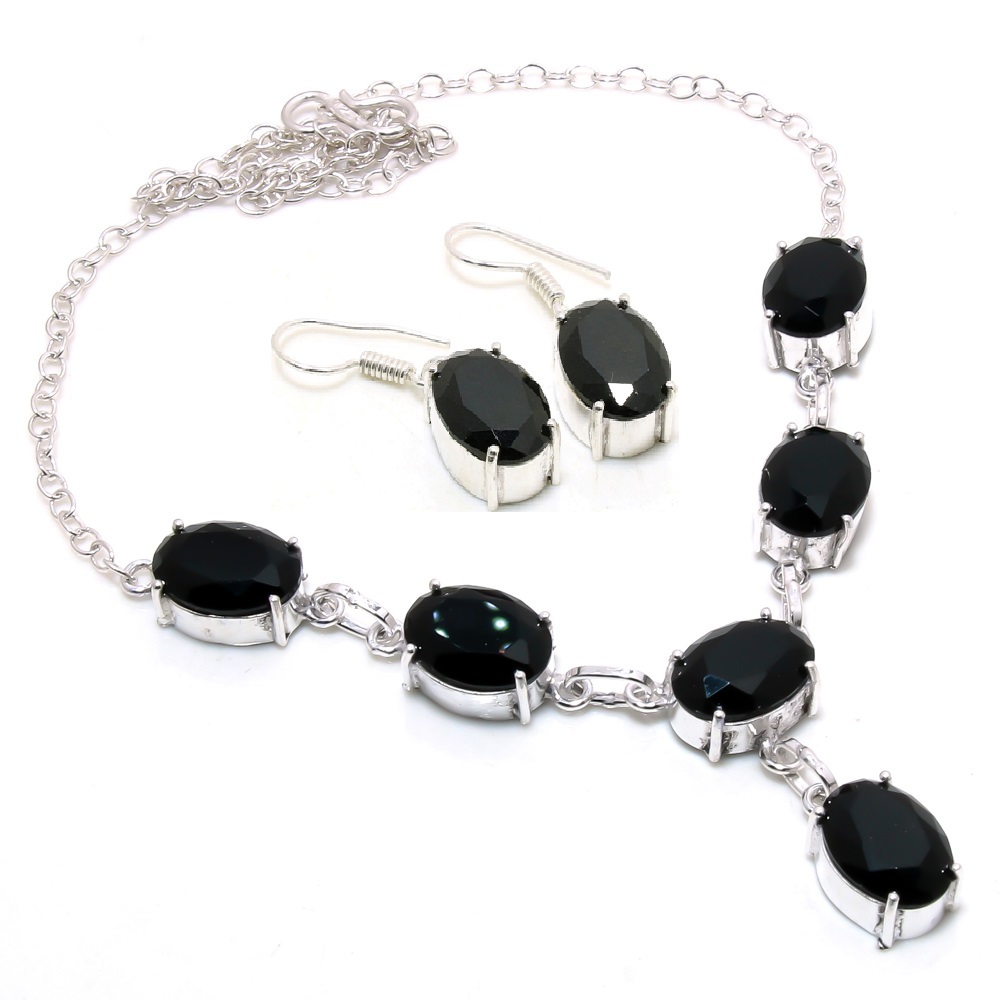 Black Spinel Oval Shape Handmade Christmas Gift Necklace Set Jewelry 18" SA 732 - £6.38 GBP