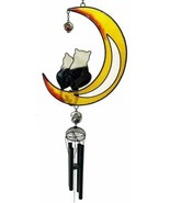 Lover Feline Cats On Crescent Moon Stained Glass Gem Copper Wind Chime G... - $34.67 CAD