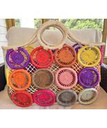 HAT ATTACK Large Medallion Straw Woven Basket Tote Bag Multi-color 18x15... - £137.84 GBP