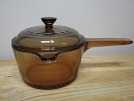 Pyrex Corning Vision Ware Saucepan Pot Pouring Spout Lip 1 L Amber w/Lid V-1-C - £31.64 GBP