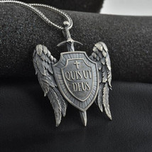 Vintage Silver Archangel Michael Wings Sword Shield Pendant Necklace Chain 24&quot; - £31.57 GBP