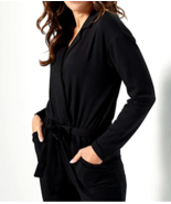 Attitudes by Renee French Terry Mock Wrap Jumpsuit- BLACK, LARGE - £23.28 GBP