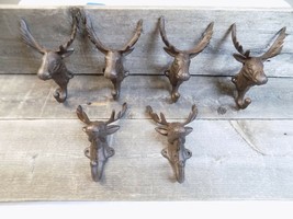6 Rustic Elk Deer Moose Head Hooks Cast Iron Coat Hook Rack Restoration Hat - £35.16 GBP