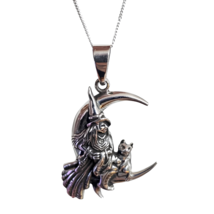 Witch &amp; Cat On The Moon Pendant 20&quot; Necklace Jewellery 925 Sterling Silver &amp; Box - £39.57 GBP