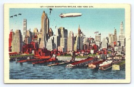 Postcard Lower Manhattan Skyline w/ Dirigible Zeppelin New York City NY - £2.81 GBP