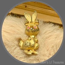 MAMSELLE Signed Brooch Bunny Rabbit Bow Pink Rhinestone Gold Tone Vintage ⚜️ - £7.66 GBP