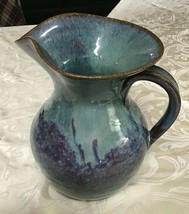 403A~ Vintage Art Pottery Stoneware Pitcher Drip Glaze Blue Clay SP Dripware - $38.48