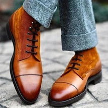 New Pure Handmade Brown Leather Lace up Ankle Boots for Men&#39;s - £141.04 GBP