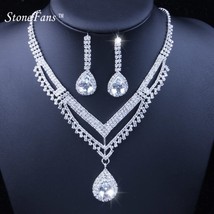 StoneFans Women Sparkling V Shaped Rhinestone Crystal Necklace Earrings Set Char - £11.10 GBP