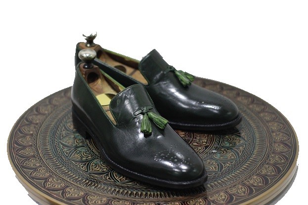 Men's Handmade Leather Shoes Green Leather Loafer Teasels Slip On Dress