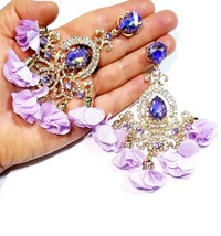 Rhinestone Statement Earrings, Chandelier Drop Earrings, Lavender Pageant Earrin - £37.71 GBP