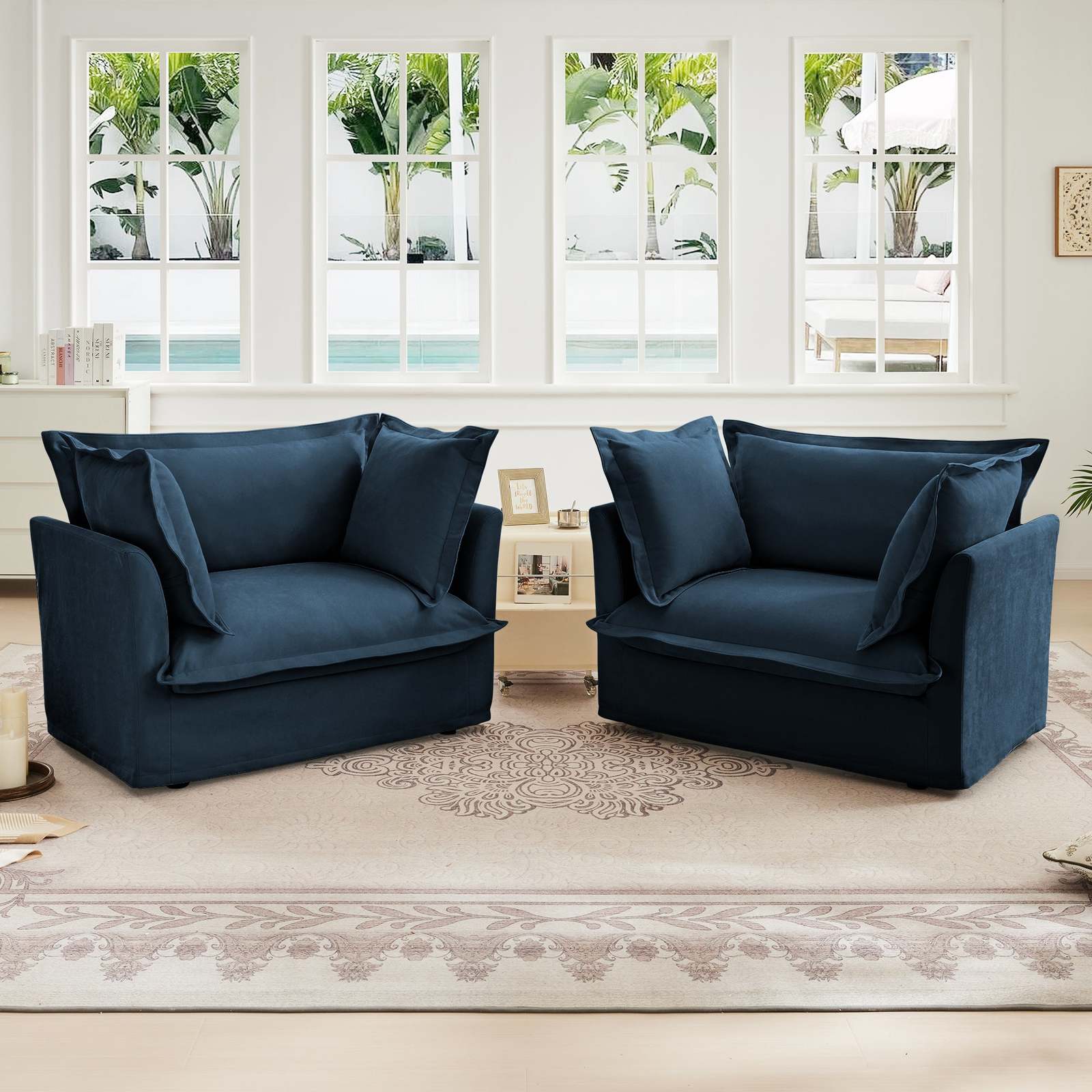 Set of 2 Blue Chenille Slipcovered Deep Seat Armchairs Living Room Item image 3
