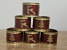 Pier 1 Imports Holiday Napkin Rings Red Enameled Brass Tree Deer Set of 6 - £10.99 GBP
