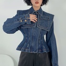 Korean Chic Vintage design waist closed short denim jacket women Port style offi - £52.23 GBP