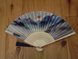 Japanese Art Print Silk Hand Folding Fan Fashion Decor Mountain Lake Boa... - £12.45 GBP