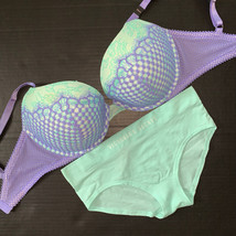 Victoria&#39;s Secret 34DDD BRA SET L hiphugger panty Mint BLUE lilac Purple Fishnet - £55.26 GBP
