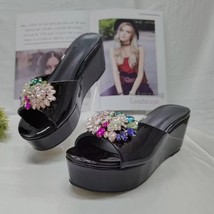 Luxury Rhinestone Sandals Woman Open Toe Black Leather Platform Wedages ... - £111.96 GBP