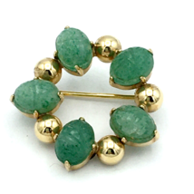 JADE gold-fill scarab brooch - vtg carved green jadeite stone 12K GF circle pin - £27.97 GBP