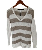KENSIE Sweater Women&#39;s Small Beige Tan Striped Long Sleeve V-Neck Open Knit - $18.80