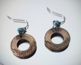 Hand stamped mountain scene on  lightweight tumbled copper earrings - $18.00