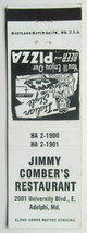 Jimmy Comber&#39;s Restaurant - Adelphi, Maryland 20 Strike Matchbook Cover Pizza MD - £1.56 GBP