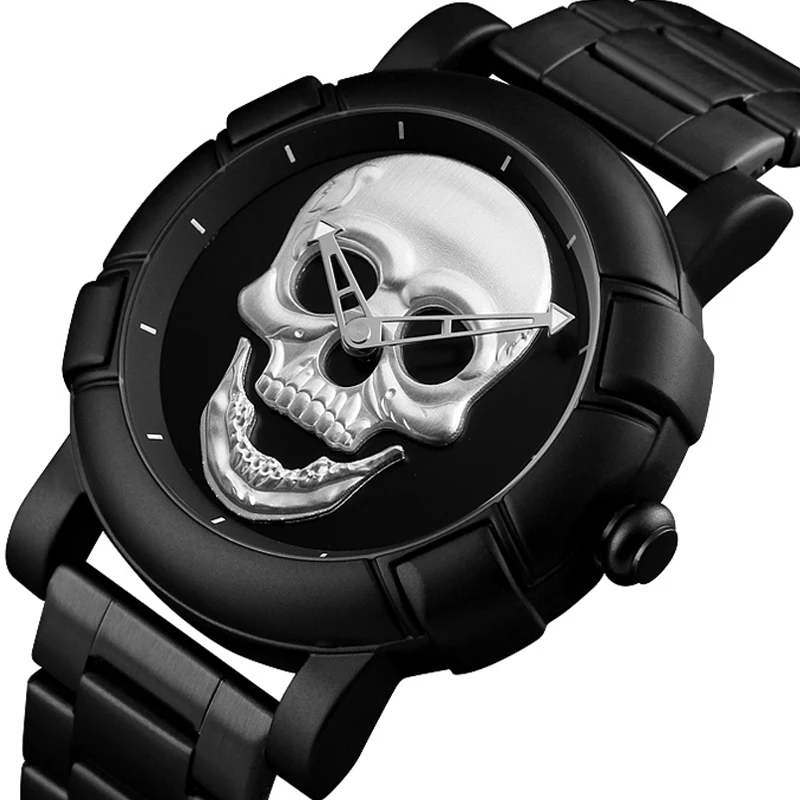 Black Gold Dial Quartz Watch Men 3D Skull Head Pattern Stainless Steel S... - £13.47 GBP