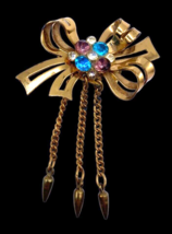 Gold Tones Metal Bow Brooch with Round Blue Purple Clear Rhinestones Vintage 2&quot; - $20.35