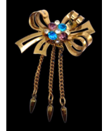 Gold Tones Metal Bow Brooch with Round Blue Purple Clear Rhinestones Vin... - €17,29 EUR