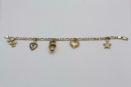 Fine 14K Yellow Gold Stork Pacifier Heart Star Puffed Figaro Link Charm Bracelet - £619.45 GBP