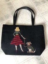 Black Wool Blend Woman with Dog  Applique&#39; Double Handle Purse Bag - $26.88