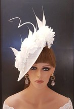 WHITE HAT FASCINATOR with Curled Quill feather Race Cocktail Wedding Asc... - £52.19 GBP