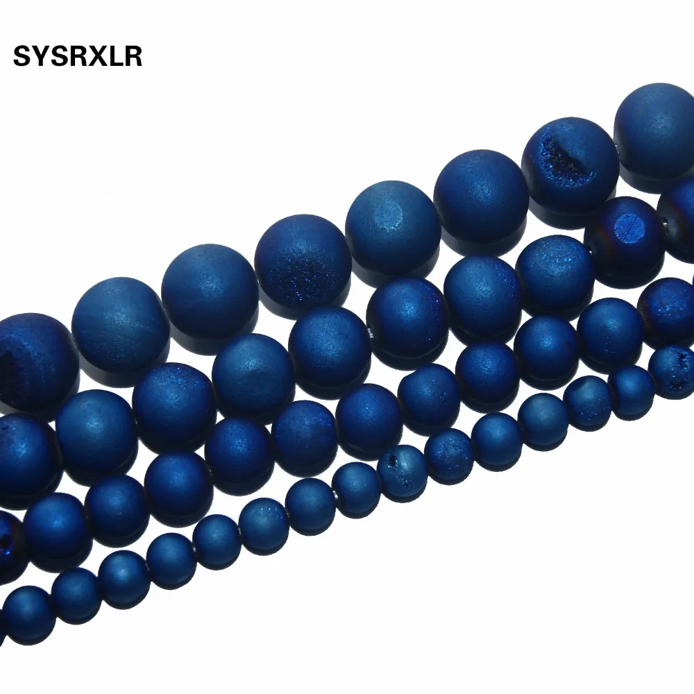 Wholesale Natural Stone Beads Round Matte Navy Blue Frosted Drusy Agata loose - £10.86 GBP+