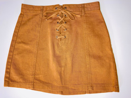 Brown Denim Lace Up A Line Mini Skirt Sz M Short Zipper Back Forever 21 - $15.88
