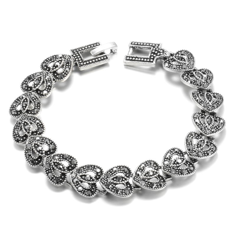 Kinel Boho Charm Bright Black Crystal Bracelet For Women Antique Tibetan Silver  - £10.32 GBP