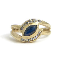 Vintage Marquise Dark Blue Sapphire Diamond Ring 14K Yellow Gold, 2.8 Grams - £370.01 GBP