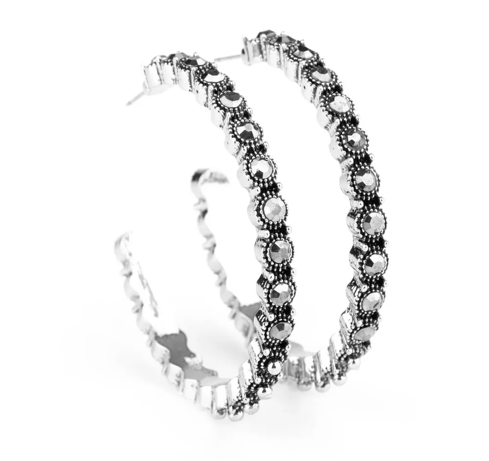 Primary image for Paparazzi Rhinestone Studded Sass Silver Hoop Earrings - New