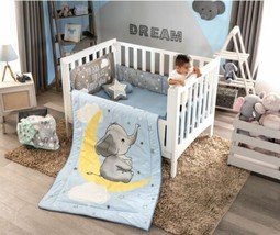 Moon Stars Elephant Baby Boys Crib Bedding Nursery Set 4 Pcs 100% Cotton Gift - £76.59 GBP