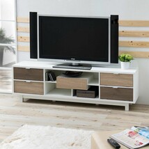 Modern 70-inch White TV Stand Entertainment Center with Natural Wood Acc... - $738.49