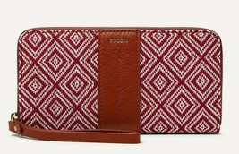 New Fossil Jori Zip Clutch wristlet RFID wallet Leather and Fabric Red / Ecru - £38.00 GBP