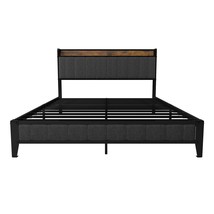Queen Bed Frame, Charging Station, Upholstered, Metal Platform, Grey - $158.99