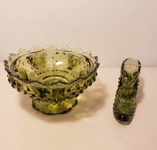 Vintage Fenton Glass Hobnail Colonial Green Slipper/shoe &amp; Candle bowl  - £31.38 GBP