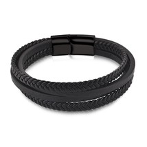 Jiayiqi Punk Black Genuine Leather Bracelet Braided Rope Chain Stainless Steel W - £10.94 GBP